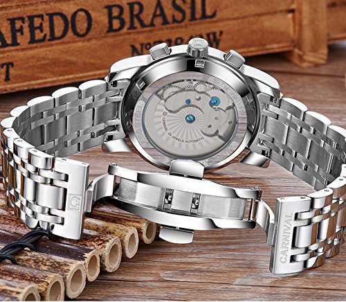 Carnival CA8520 Mens Tourbillon Automatic Mechanical Watch Silver Stainless Steel Multifunction Blue Watches thumb #4