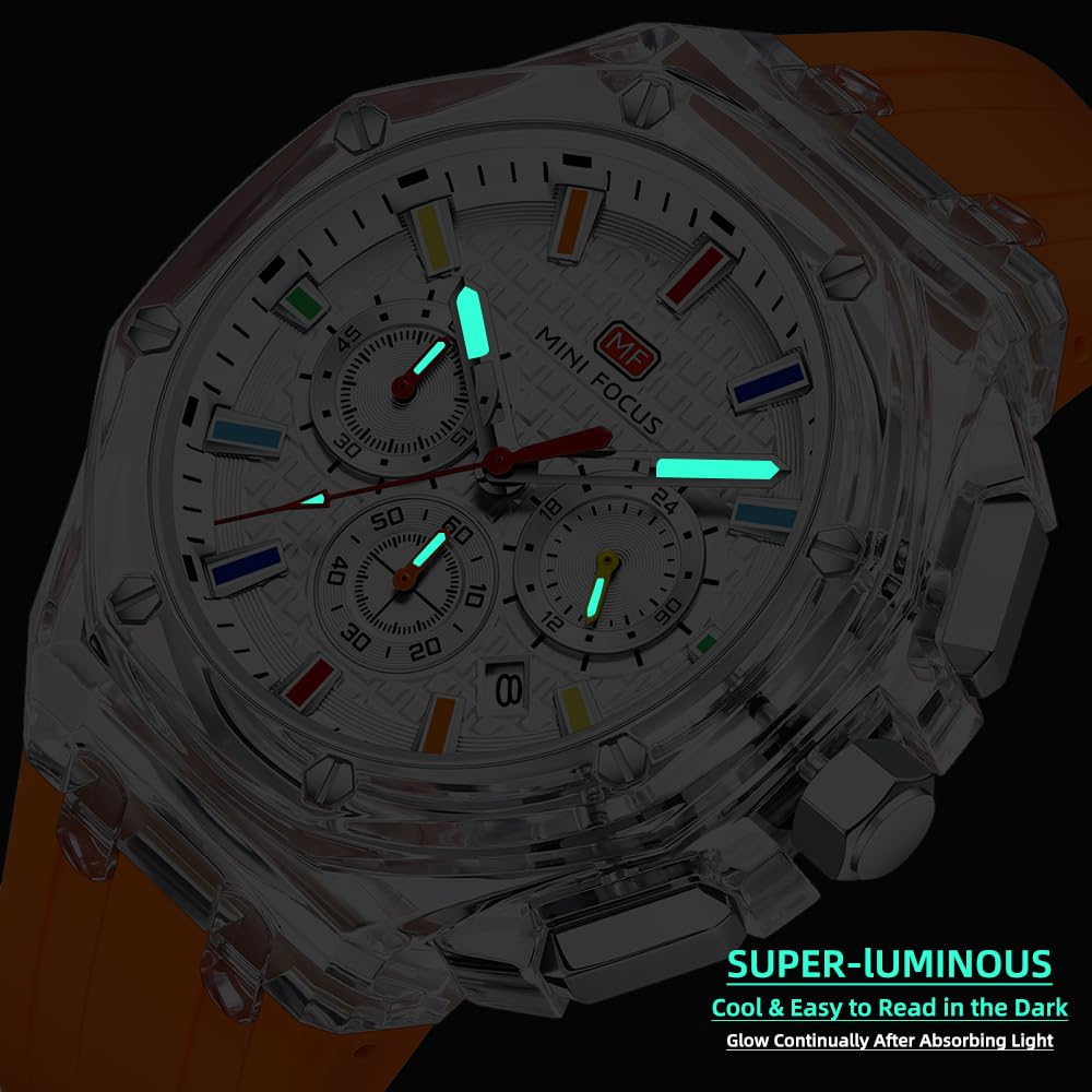 MINI Focus Men Watches,Multifunction Transparent Analog Display Silicone Strap Calendar Quartz Waterproof Trend Wrist Watches for Men