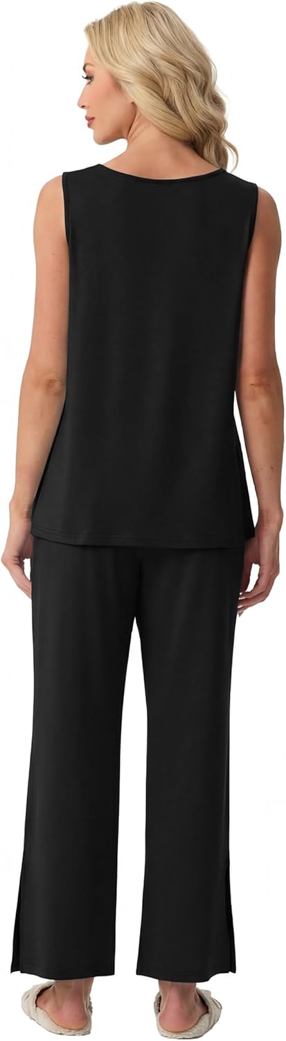PrinStory Womens Pajama Sets Soft Knit Pjs 2 Piece Sleeveless Pajama Set Summer Lightweight Pj with Pockets - Image 5