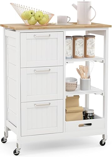GOFLAME Carrito de isla de cocina con ruedas, versátil carrito rodante con encimera de madera, 3 cajones, bandeja extraíble y ruedas con cerradura,