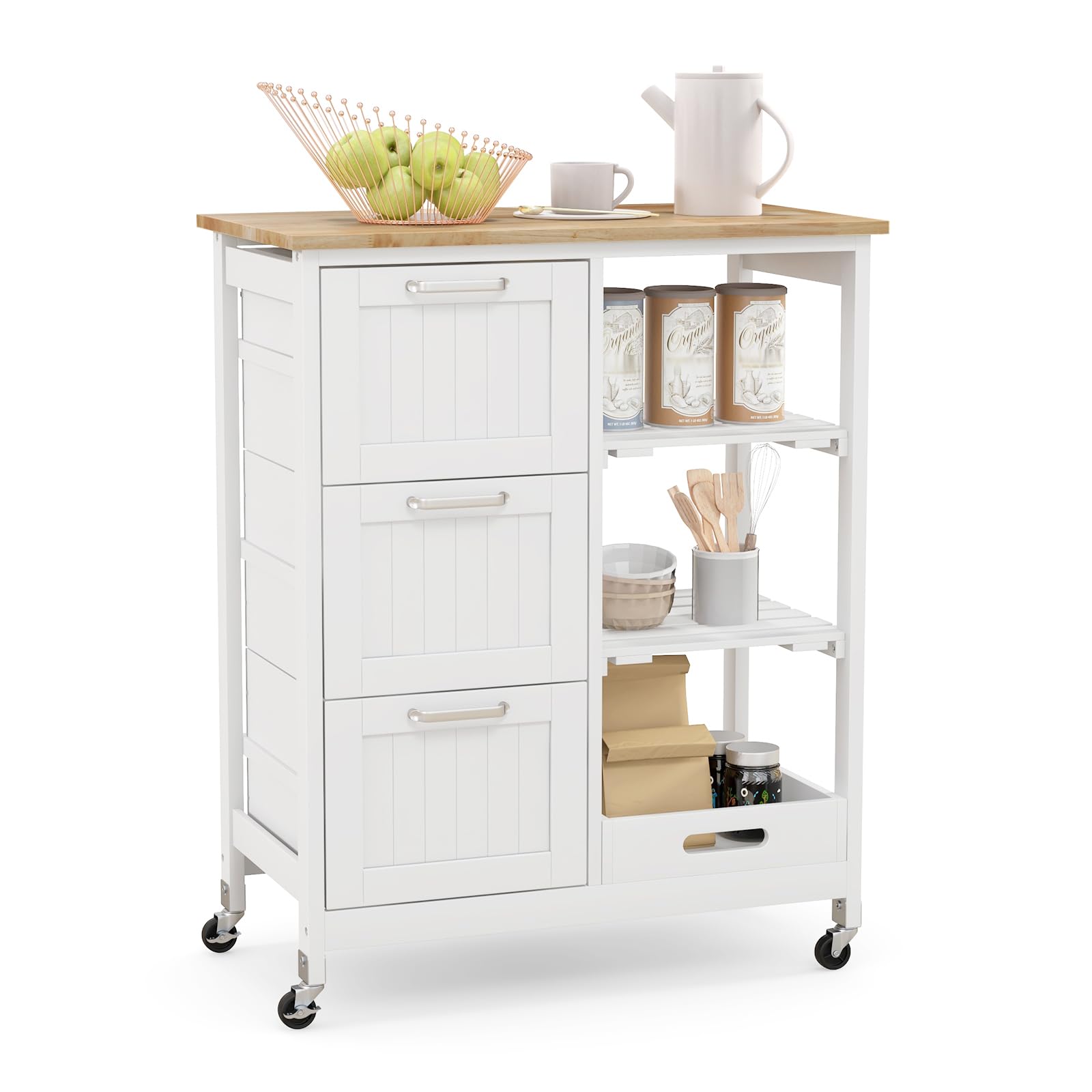 GOFLAMEKitchen Island Cart on Wheels with Storage, Versatile Rolling Cart with Wood Countertop, 3 Drawers, Removable Tray & Lockable Casters, Mobile Serving Trolley for Kitchen, Dining Room, White