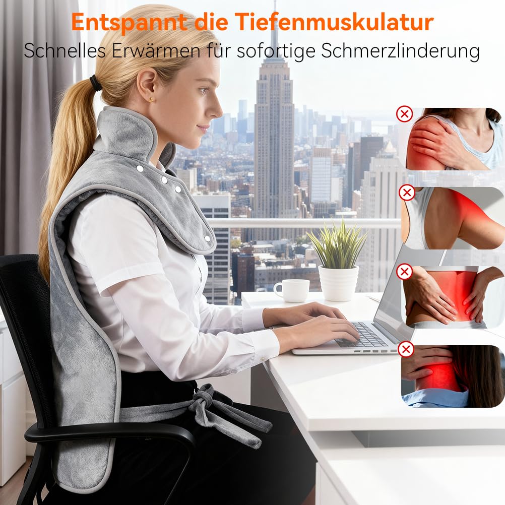 Heizkissen für Rücken Schulter Nacken, 60x100cm Heizkissen Automatische Abschaltfunktion mit Taillenriemen, 6 Heizstufen und Timer, Schnelle Erwärmung, Maschinenwaschbar Wärmekissen