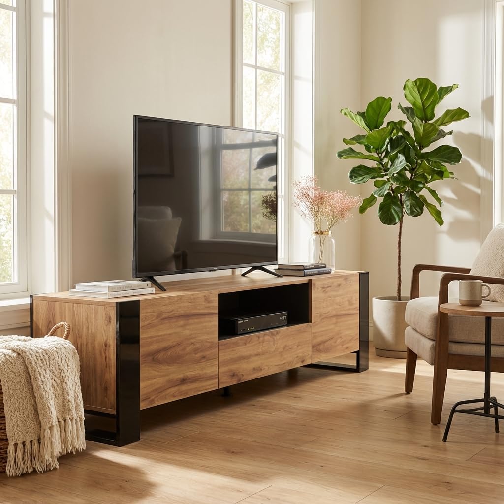 Meble Furniture Woody Freestanding TV Stand — Storage Cabinets — Modern High Gloss, 59.1" W x 15.7" D x 21.7" H — Oak/Gray