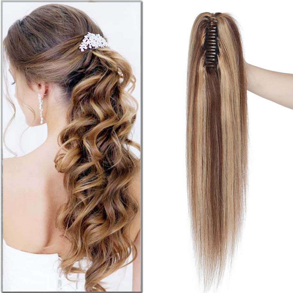 SEGO Coda Capelli Veri Extension Clip Pinza Cavallo Ponytail Naturale Remy Human Hair Lisci 35cm Fascia Unica 105g - # Castano Cioccolato balayage Biondo Scuro