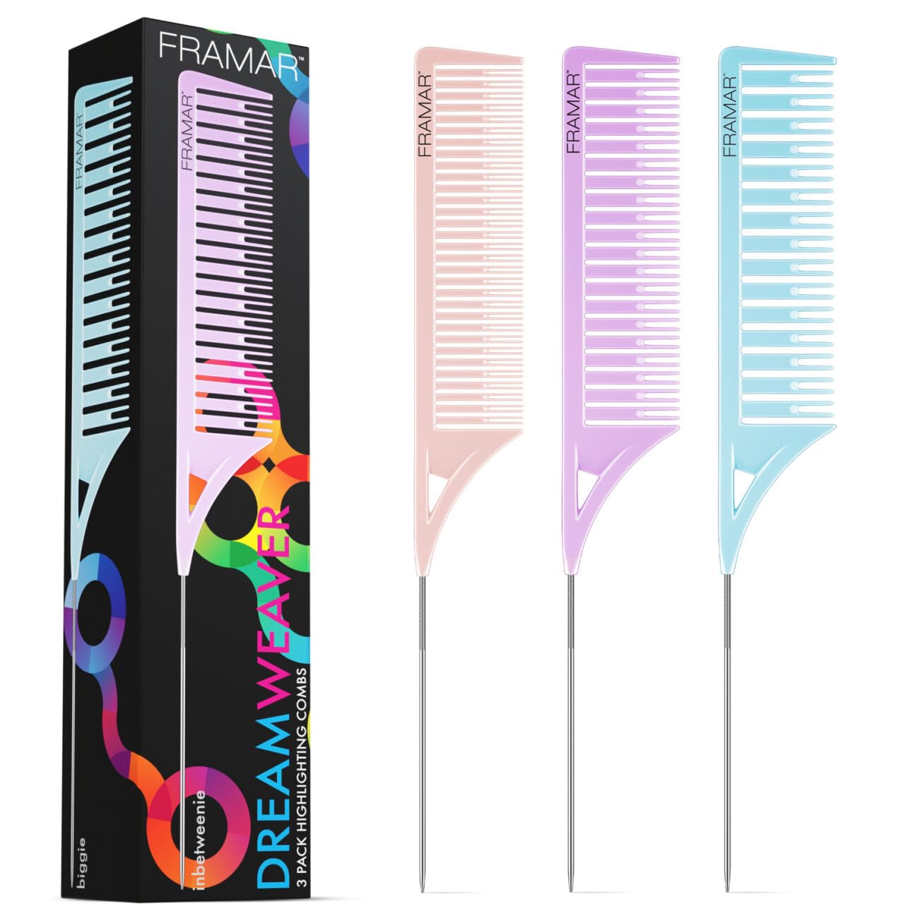 FRAMAR Pastell Strähnenkamm Blondierung – Strähnchenkamm, Strähnchen Kamm, Friseur Kamm Set, Stielkamm Friseur, Frisierkamm Set, Friseurkamm Profi, Haarkamm Friseur, Haarkämme – 3pc