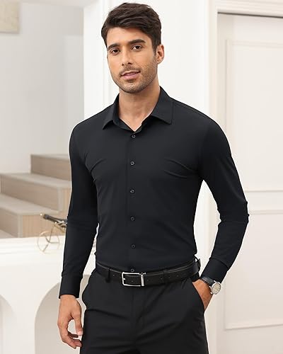 Miniatura 6 de Lusead Camisa de vestir de alta elasticidad para hombre, sin arrugas, manga larga, ajustada, casual, con botones