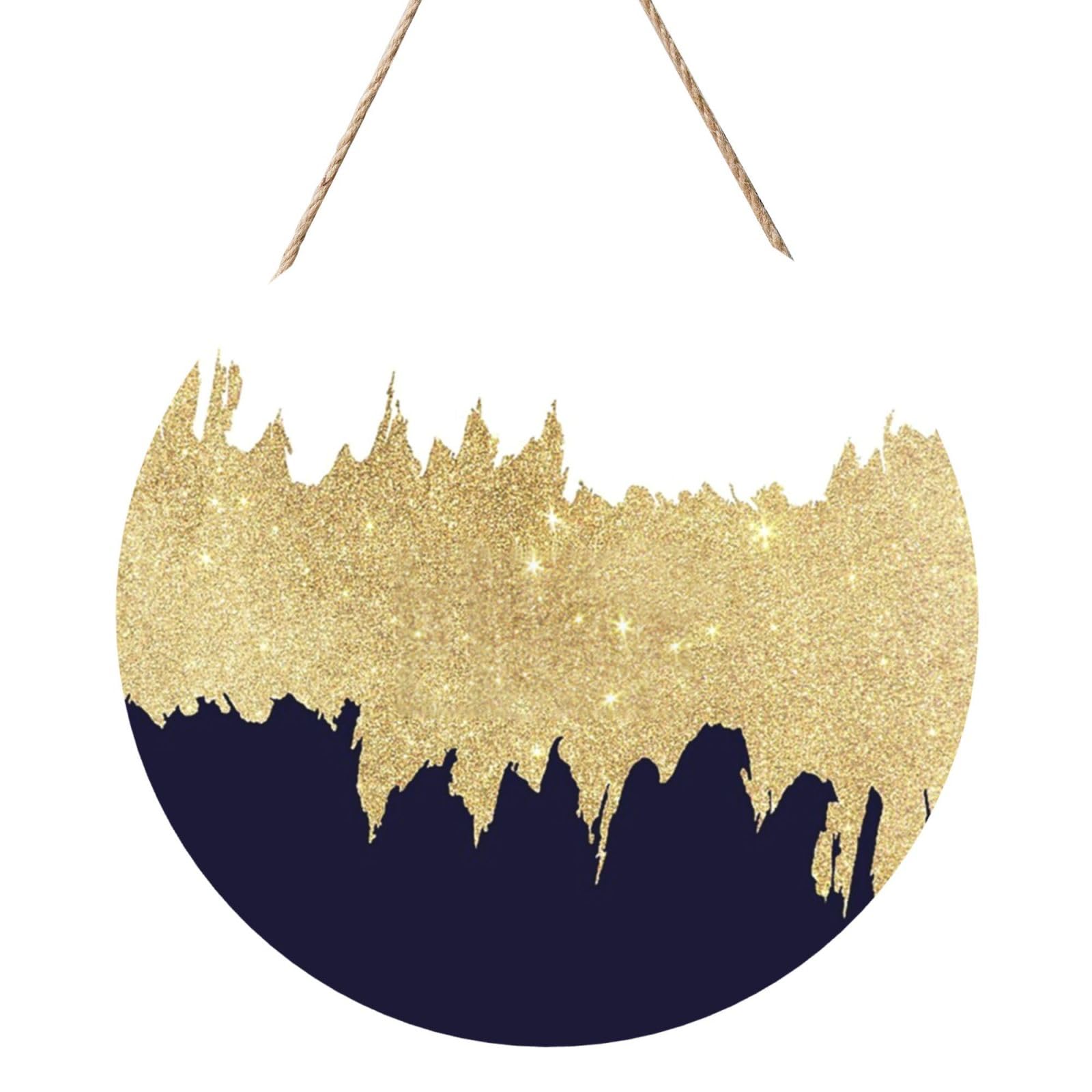 InOmak Navy Blue White Faux Gold, Round Wood Panel Painting 12 in, Wall Hanging Painting For Home