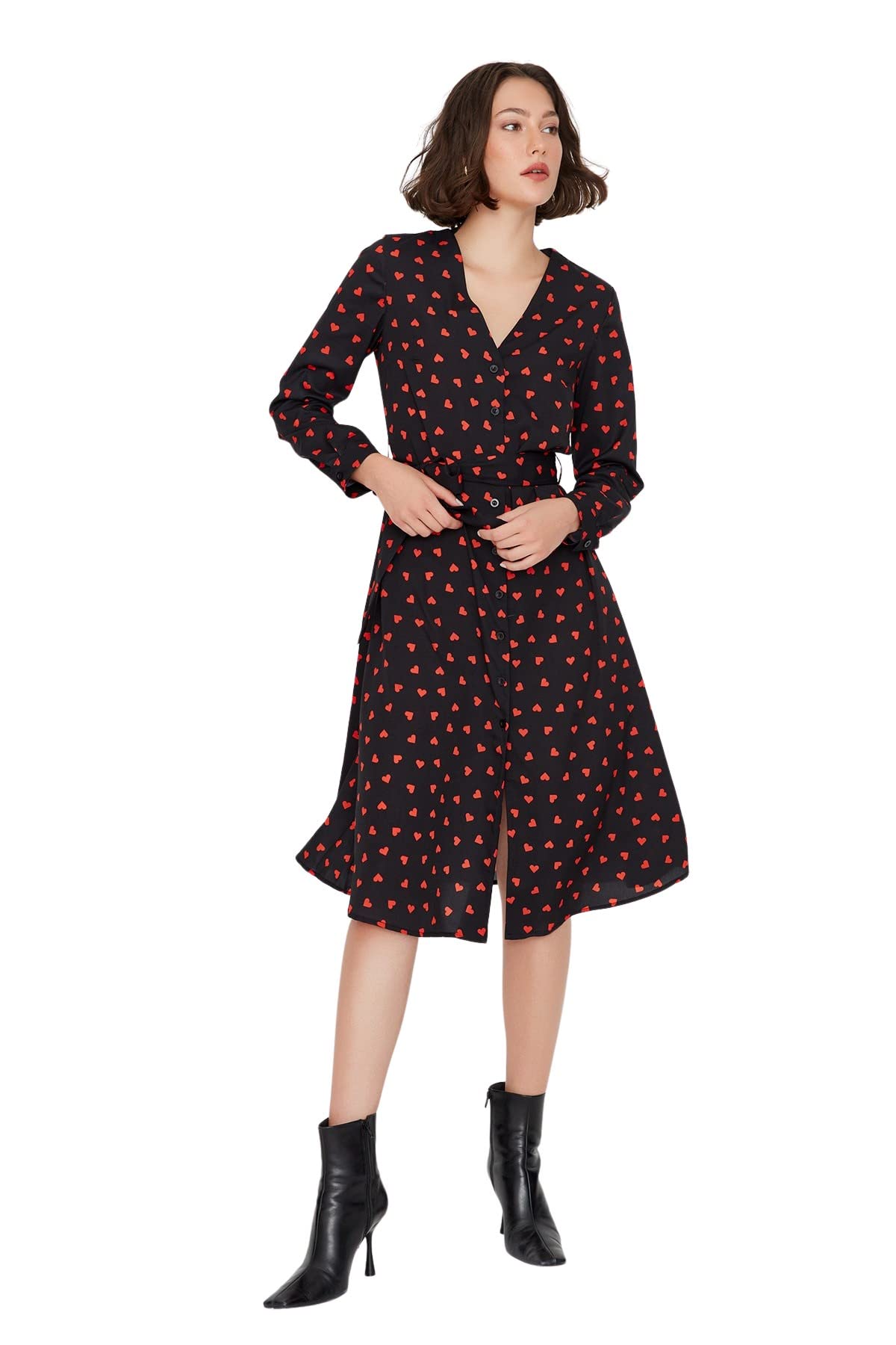 Trendyol Damen Schwarz Regular Wickelschnitt Zweireihig Webstoff Kleid, 40