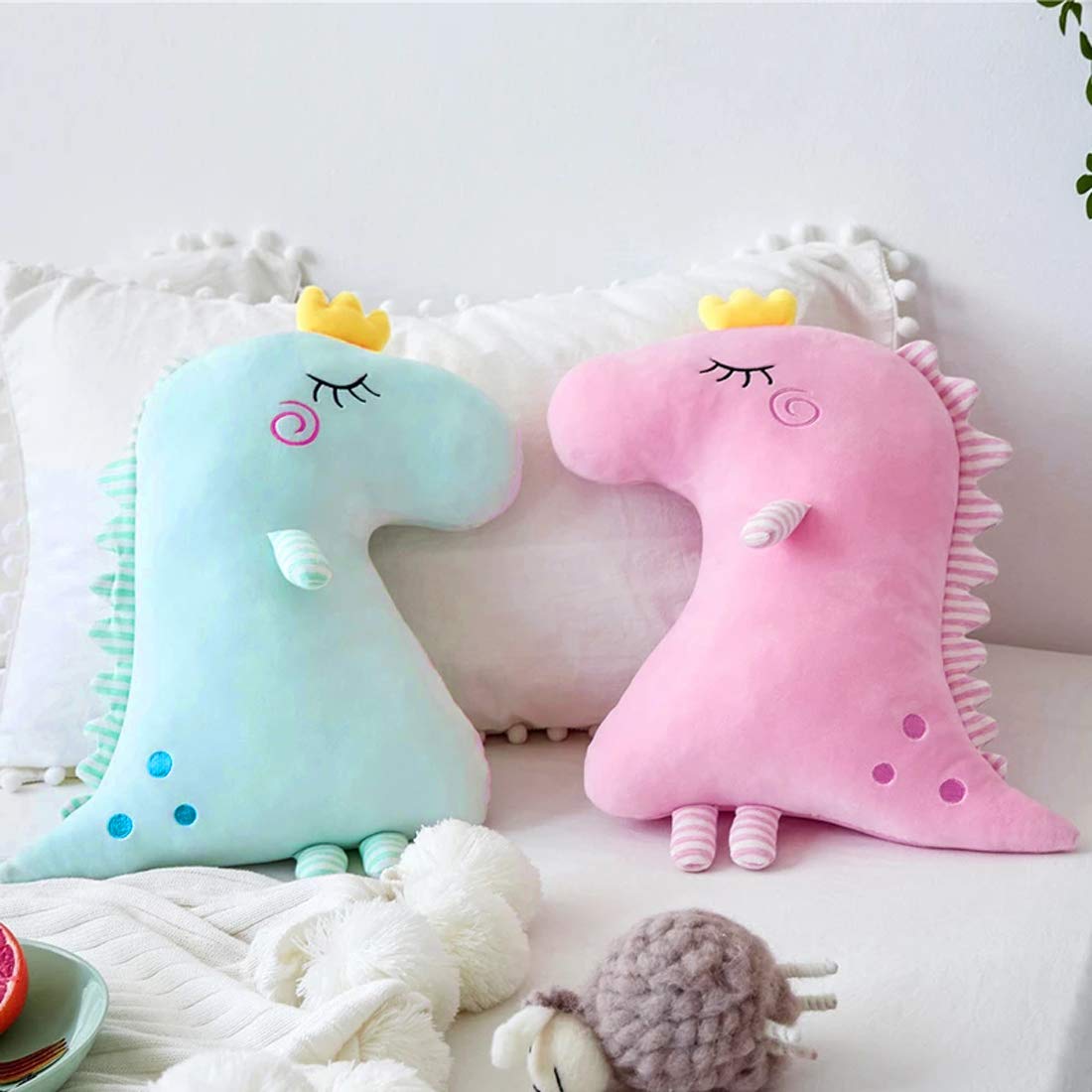 Cute Dinosaur Shaped Velvet Fur Cushion for Kids Room, Living Room, Bedroom, Luxury Furnishing, Throw Pillow (16x16 inch, Pink & Blue) - Pack of 2