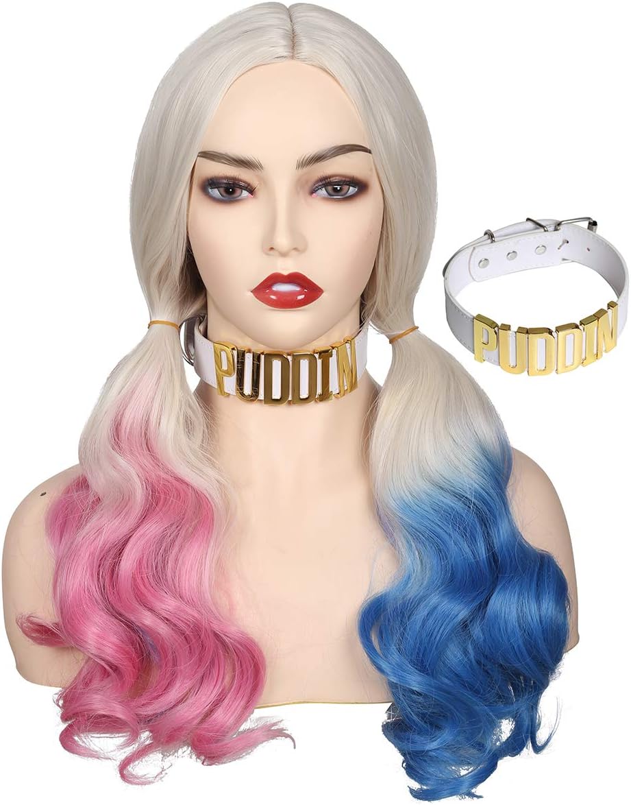 ColorGroundBlonde with Blue and Pink Pigtails Wig (Wig with Choker Necklace)