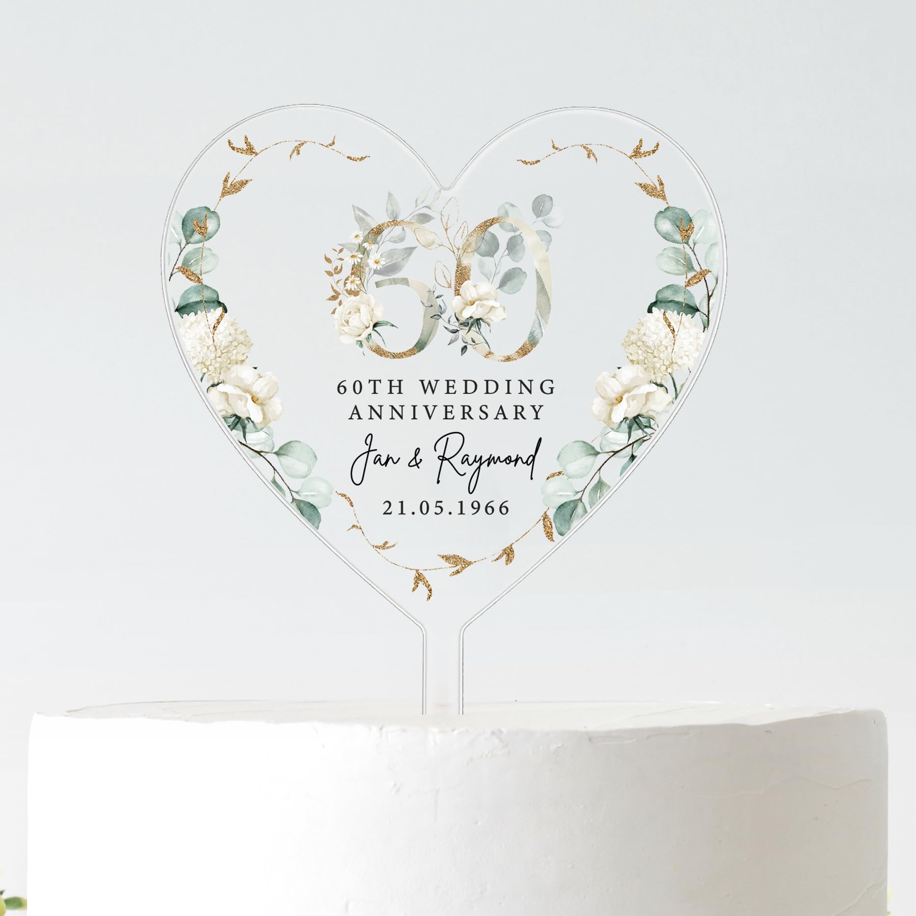 Personalised 60th Anniversary Cake Topper – Frosted 3mm Acrylic Heart Cake Decoration – Custom Names & Date – Black or White Text – Diamond Anniversary Floral Design – 10cm or 12cm (BLACK TEXT, 12CM)