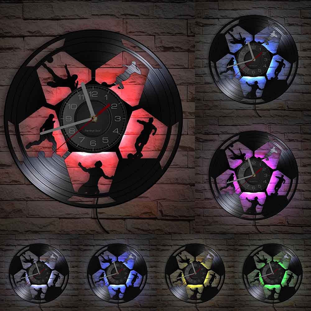 Orologio da parete in vinile, orologio da parete con design a calcio, con luce notturna a LED, decorazione da calcio, idea regalo.