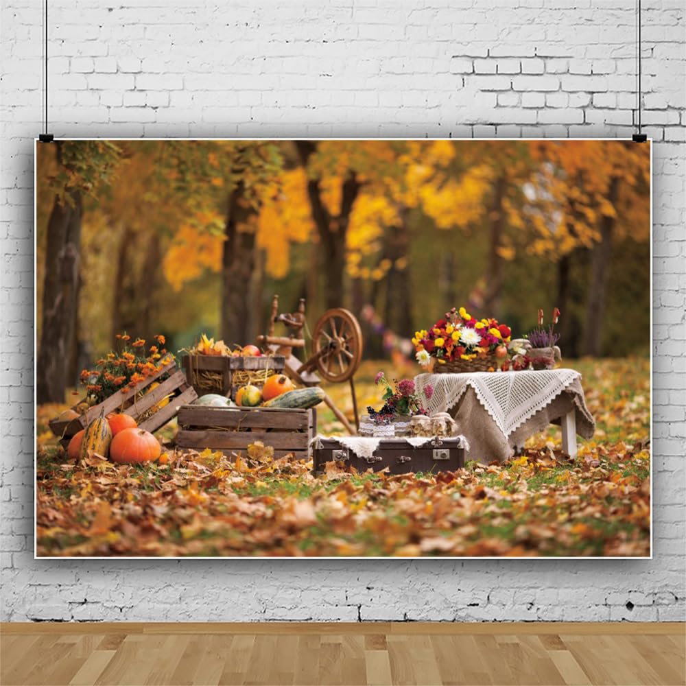 Toile De Fond Pour Photographie D'automne Récolte D'automne Grange Citrouille Feuilles D'érable Tournesol Foin Décoration De Fête Photo Fond (2,1 X