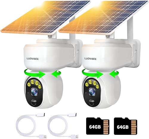 Luovisee Paquete de 2 cámaras solares inalámbricas de seguridad para el hogar PTZ a todo color con audio, alarma de detección de movimiento PIR,