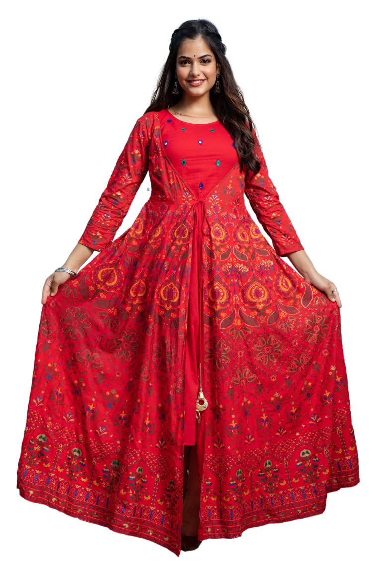ftdiva Rayon Embroidered Anarkali Gown for Women in Red-picture-8