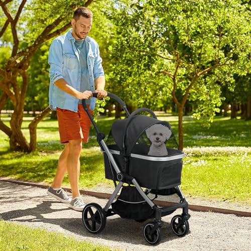 PawHut 2 in 1 Pet Stroller for Small Dogs and Cats, Folding Dog Stroller with Storage Basket, Removable Carriage, Cushion, Safety Leashes, Black PawHut 2 in 1 Pet Stroller for Small Dogs and Cats, Folding Dog Stroller with Storage Basket, Removable Carriage, Cushion, Safety Leashes, Black