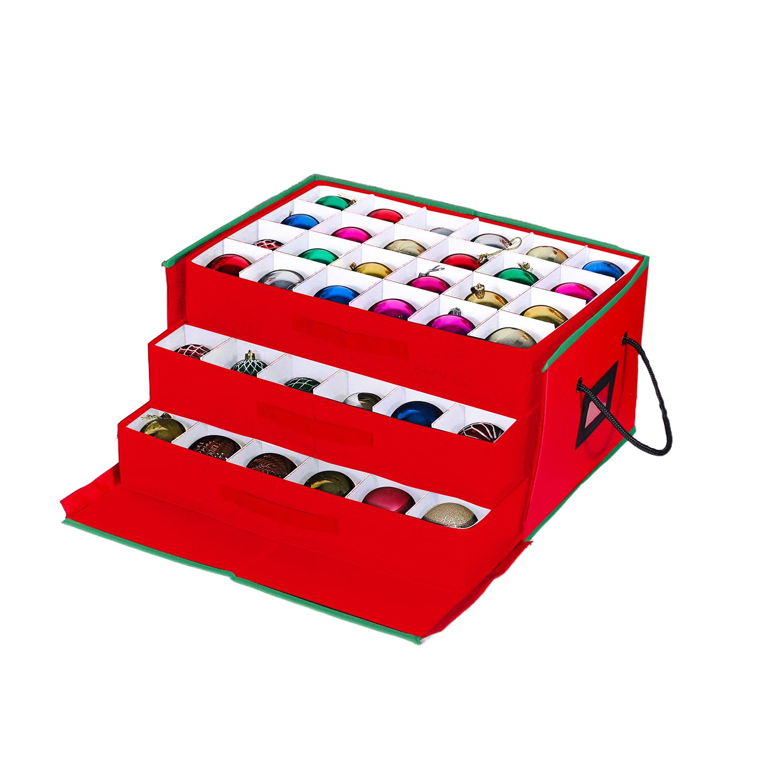 Avilia – Scatola Porta Addobbi di Natale con 3 Cassetti Estraibili per 72 Palline di Natale, Struttura Rigida in TNT 51x35x24 cm, Zip Robusta e Etichetta Trasparente per Conservazione Ordinata