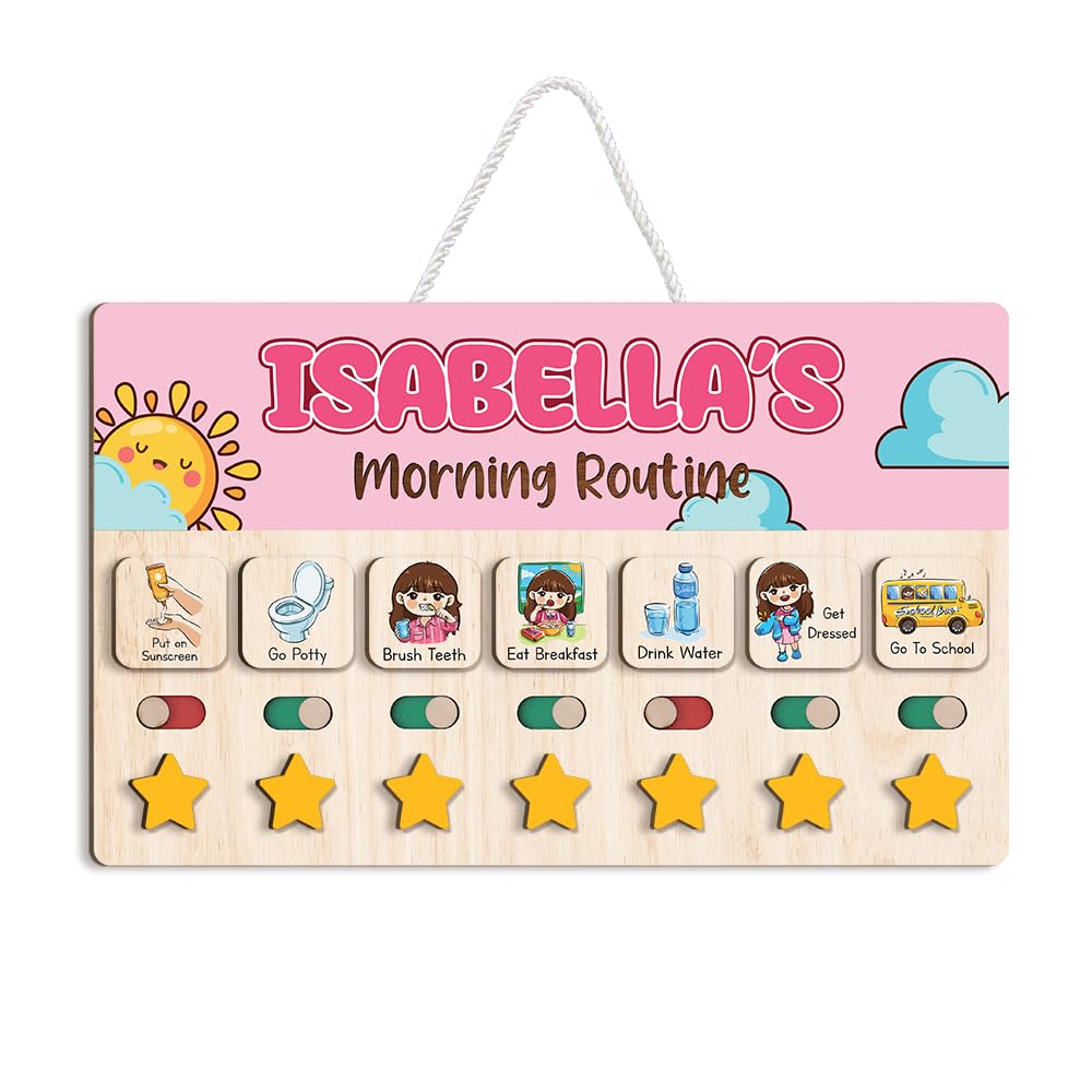 Personalized Wooden Chore Chart for Kids, Daily Routine Chart for Toddlers, Visual Schedule for Kids Age 3-5, Morning Bedtime Routine for Girls (01)