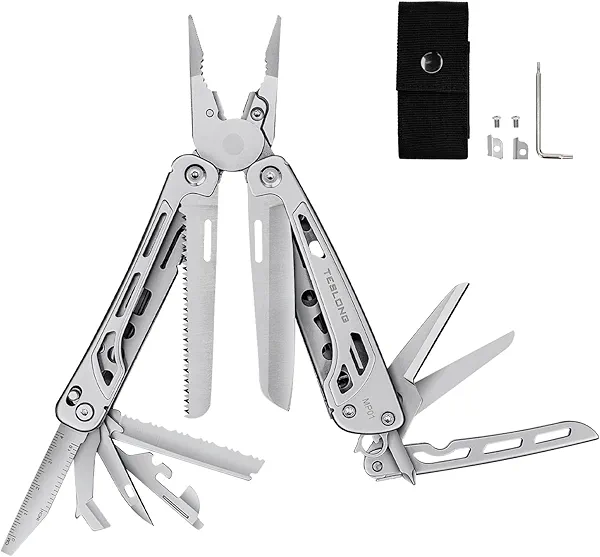 Teslong 18-in-1 EDC Multitool Pliers with Scissors, Pocket Knifes with Screwdrivers, Replaceable Wire Cutters and Saw with Self-locking, Outdoor, Survival, Camping, Stainless Steel, Gift for