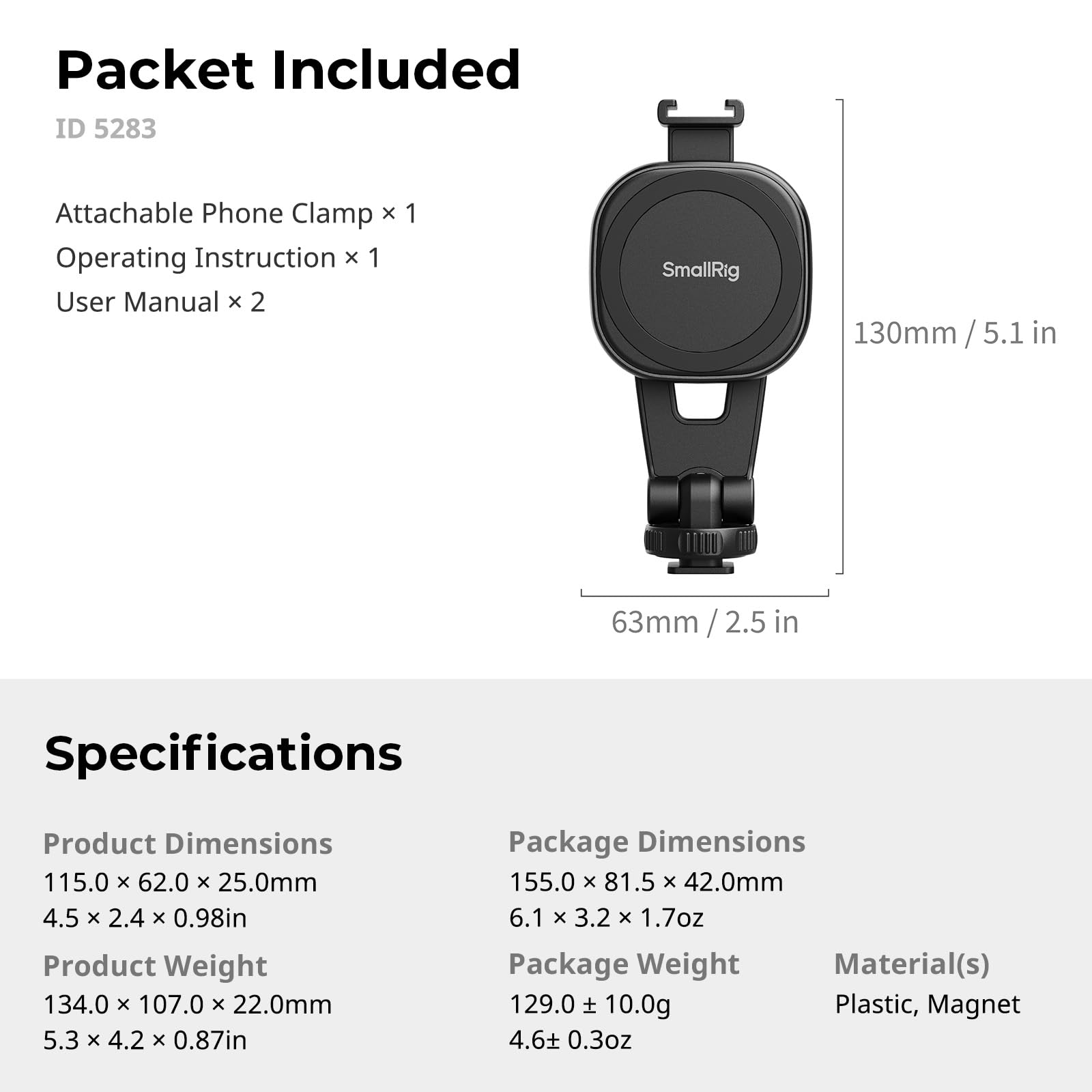 SmallRig AC-10 Morsetto magnetico per telefono, con attacco a slitta e foro filettato da 1/4"-20, per iPhone serie 16/15/14/13/12, inclinazione di 90° per registrazione, streaming live -5283