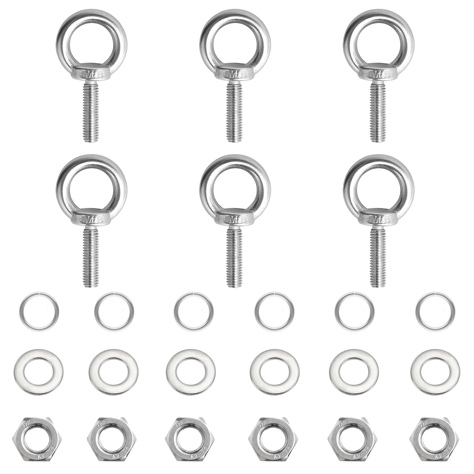 6 Sets M8 Eyebolt with Nut, Stainless Steel Eye Bolts and Nuts, M8 x 80mm Lifting Long Eye Bolt with Nut