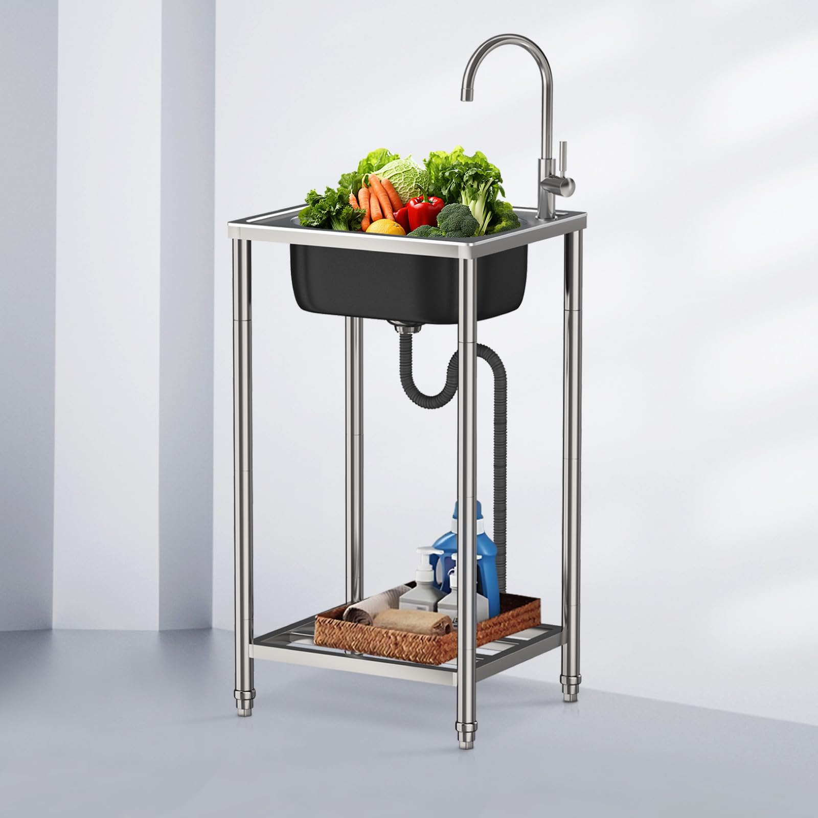 TAXXII Stainless Steel 50cm Utility Sink with Commercial Faucet & Storage Shelves - Freestanding Single Bowl for Kitchen, Garage, Basement, Outdoor Indoor Use