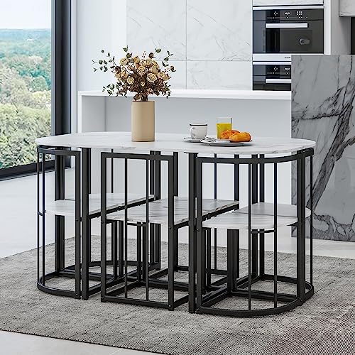 7 Piece Dining Table Set, Metal Kitchen Dining Table Set with Chairs for 6 Persons for Small Space, Black White
