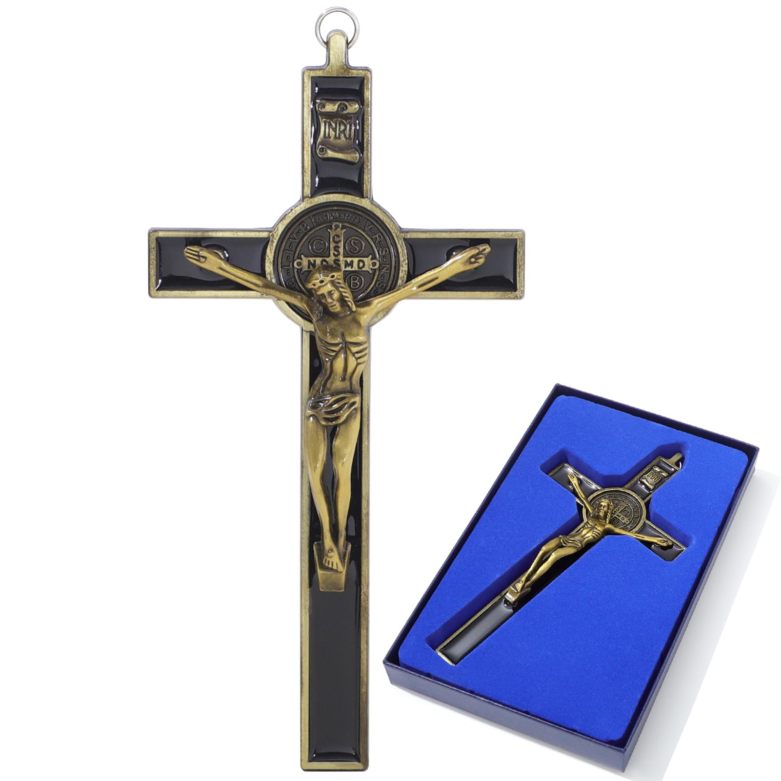 KOMI Metal Crucifix Wall Cross 7.5 Inch Black Enamel Crucifix Wall Hanging Cross -Saint Benedict Metal Wall Art Decor - Catholic Faith Gift for Families Friends