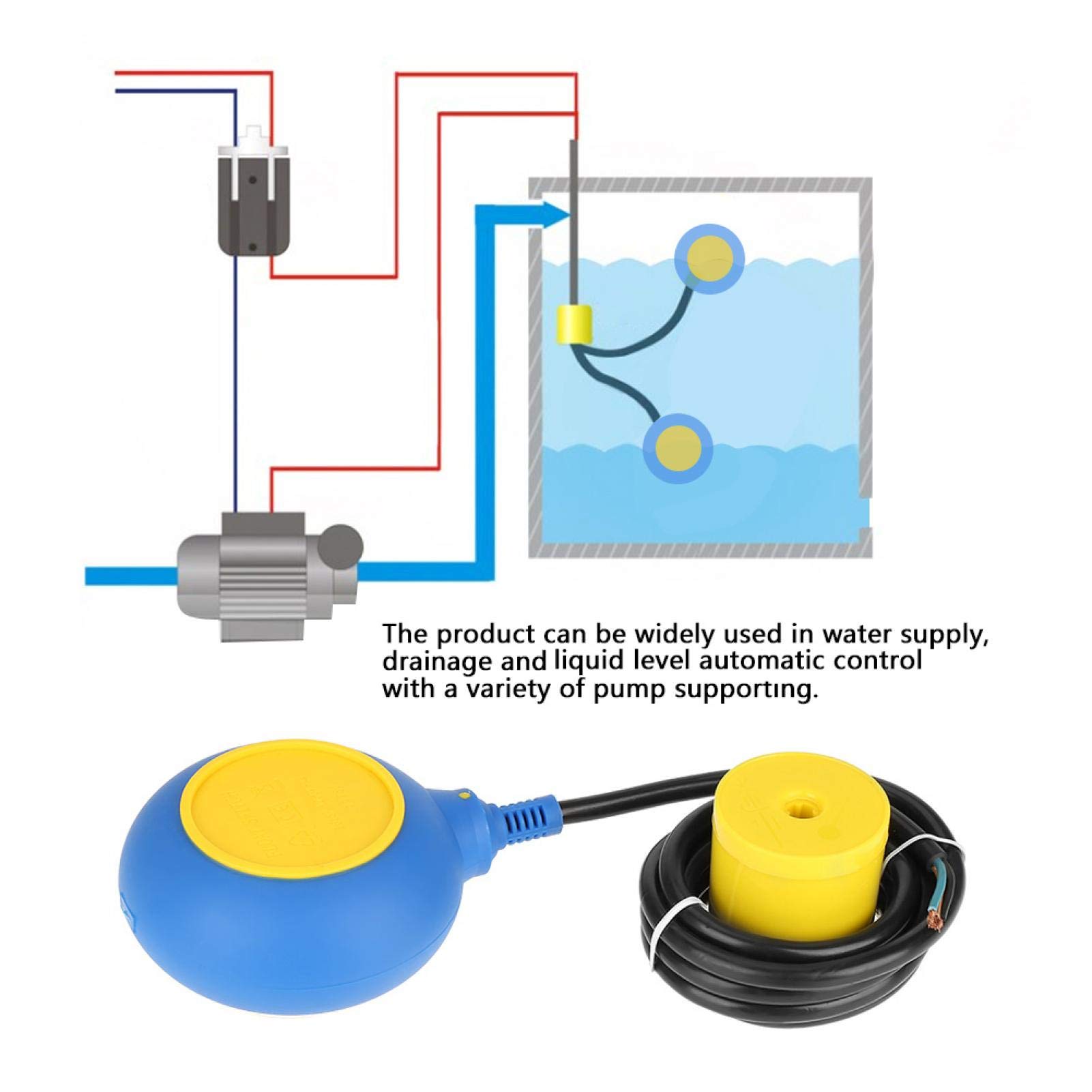 Interrupteur à Flotteur, Contrôleur de Liquide à Commutateur, Commutateur à Flotteur, contrôleur de Niveau d'eau Liquide, contacteur capteur 220 V 16 A 2 m pour Alimentation en Eau