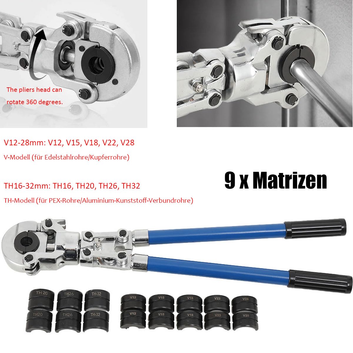 Profi Presszange Handpresse Presszange für Kupferrohr, Edelstahlrohr Und Verbundrohr, V-Kontur Und TH-Kontur, V12 V15 V18 V22 V28 Und TH16 TH20 TH26 TH32mm Verbundrohr Kupferrohr Rohrpresszange