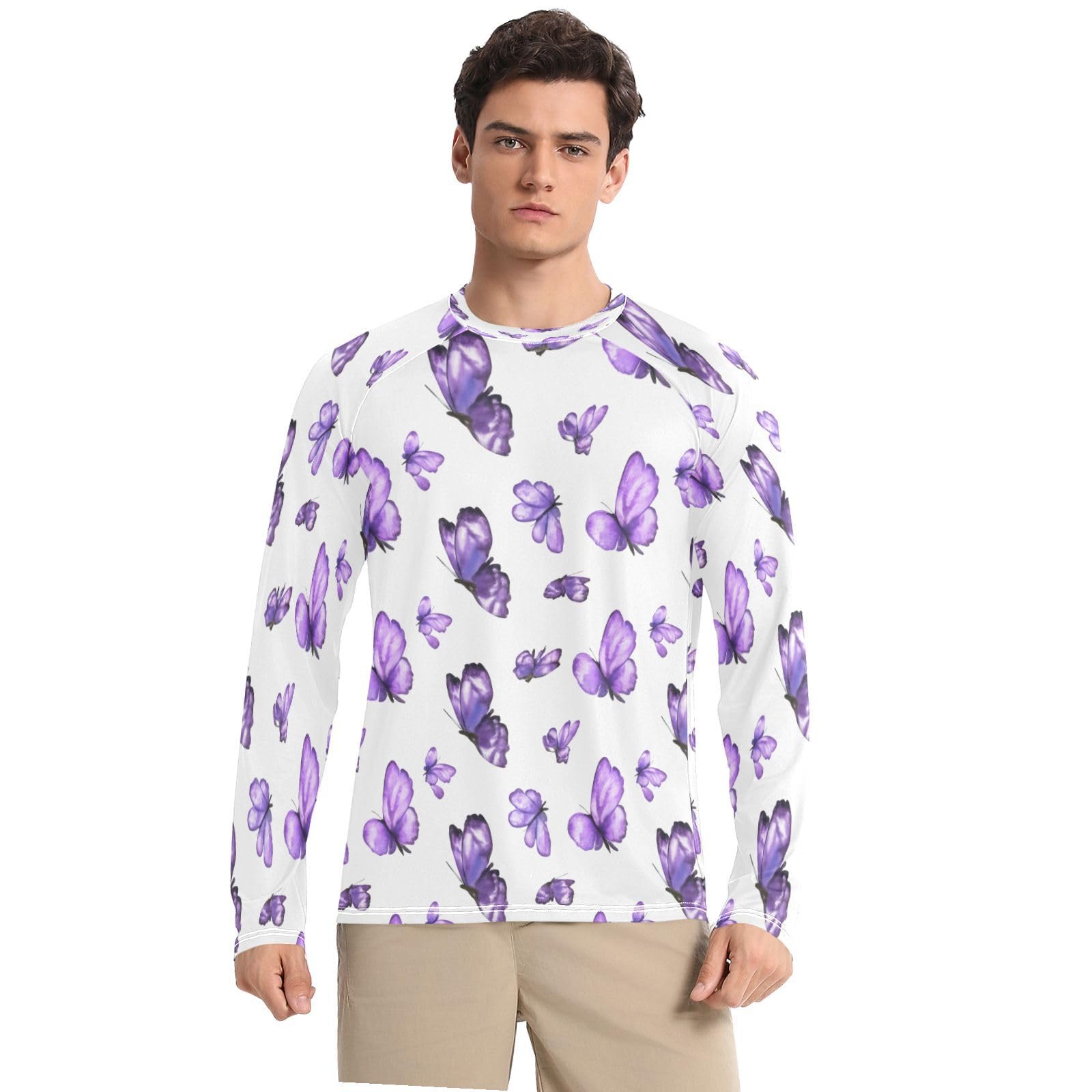 Watercolor Butterflies Men's Sun Protection Shirts UPF 50+ Long Sleeve UV Rash Guard Quick Dry Swim Shirts