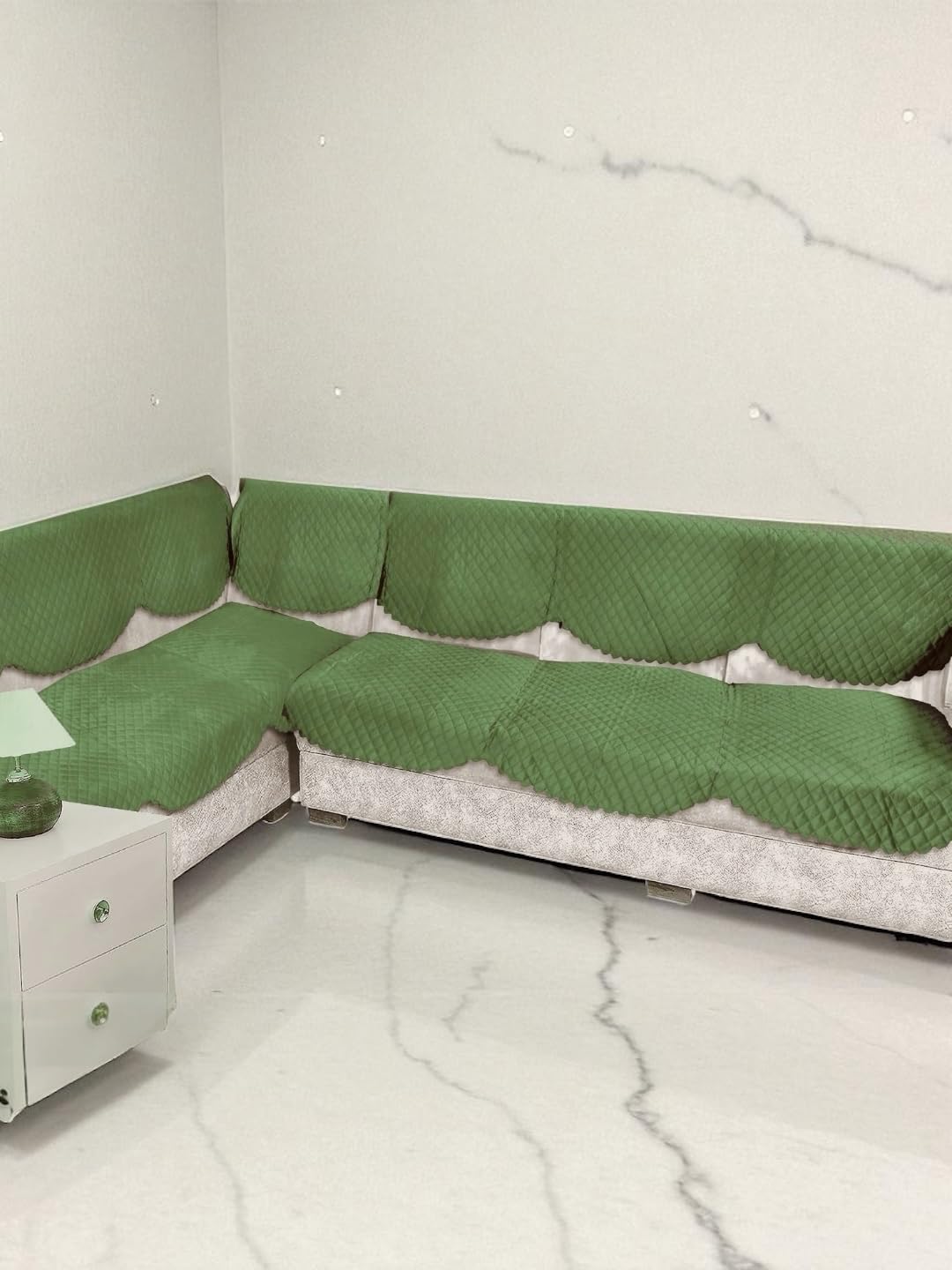 BIGGER FISH Premium Quilted Velvet L Shape Sofa Cover I Quilted Sofa Cover I (Mehandi Green, 6 Seater)-picture-10