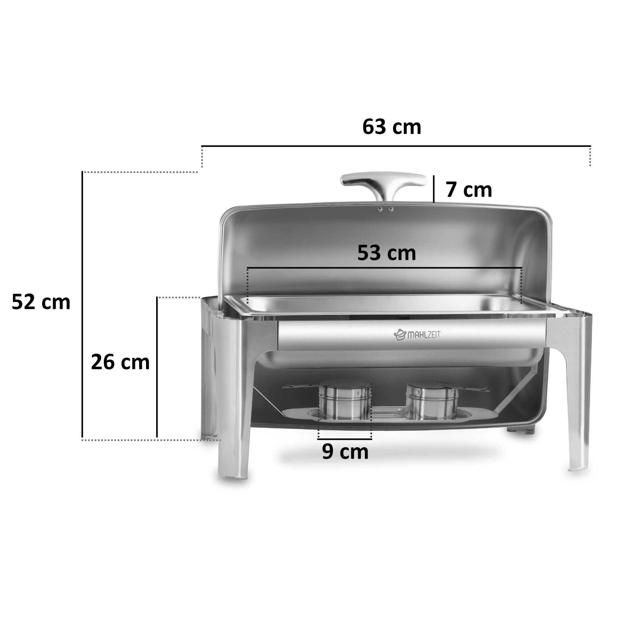 Mahlzeit Edelstahl Chafing Dish mit Rolltop 8 Liter | Speisenwärmer, Wärmebehälter, Bain Marie Rechaud | Warmhaltebehälter Essen, Chafing Dishes für Buffet Catering Gastro und Party, GN Behälter