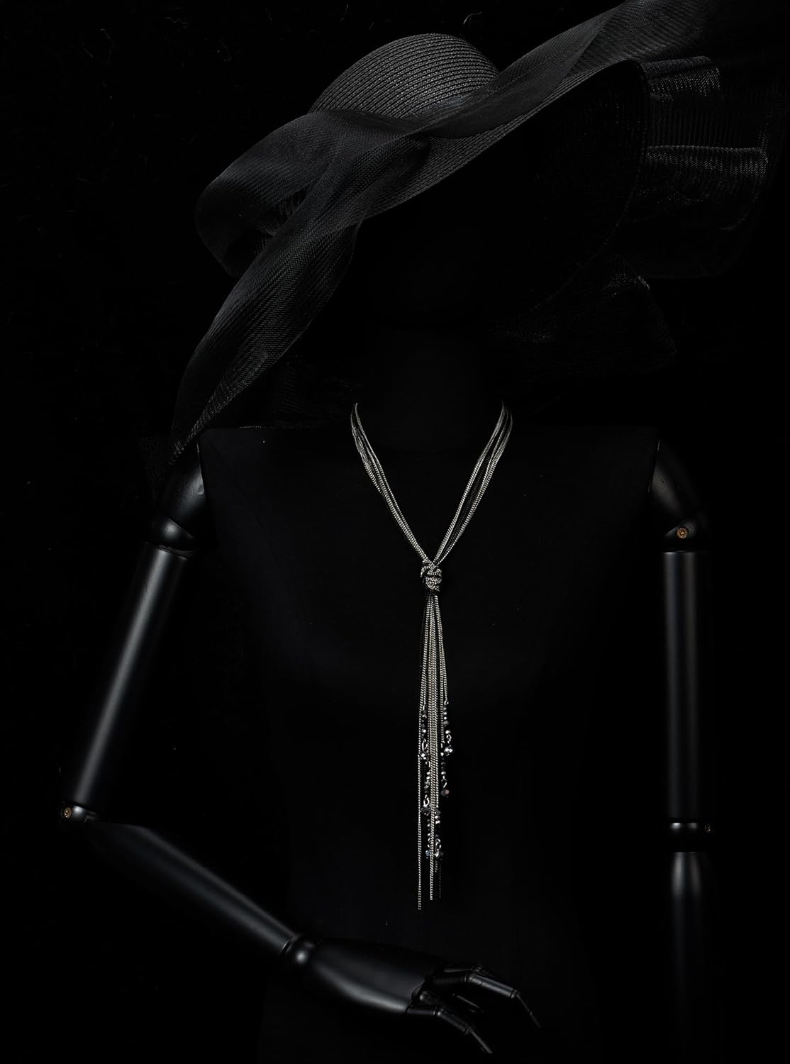 COOLSTEELANDBEYOND Long Knot Pendant Chain Necklace Multi-Strand Black and Silver Chains Crystal Beads Layered Necklace - Image 2