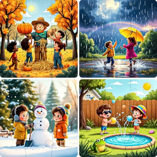 Image of Fiddlys Single Layered Wooden Jigsaw Puzzle Games for Children & Kids -9 Pieces Age 2 3 4 5 6 Year Old Years Old Girls & Boys Animals Jigsaw Puzzle (Pack of 4 Season)