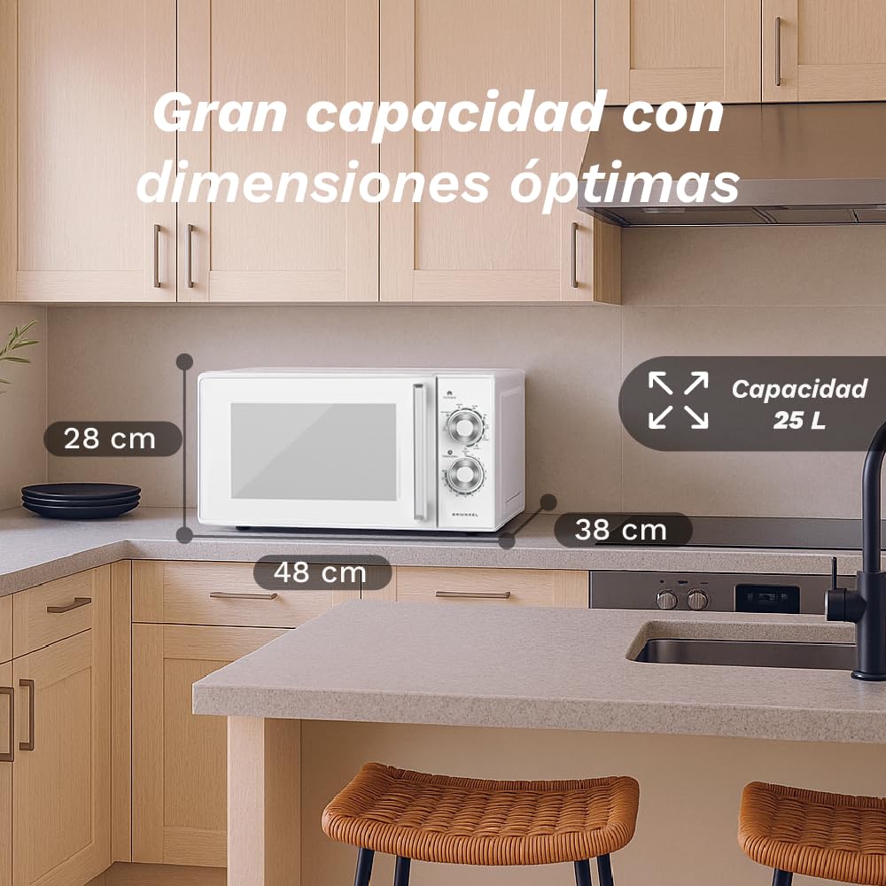 Grunkel Microondas con grill de 25 Litros, 900W + 1000W 5 Niveles de Potencia, 3 Modos Combinados, Temporizador 30 min Apertura con Tirador y Bandeja Ø245 mm
