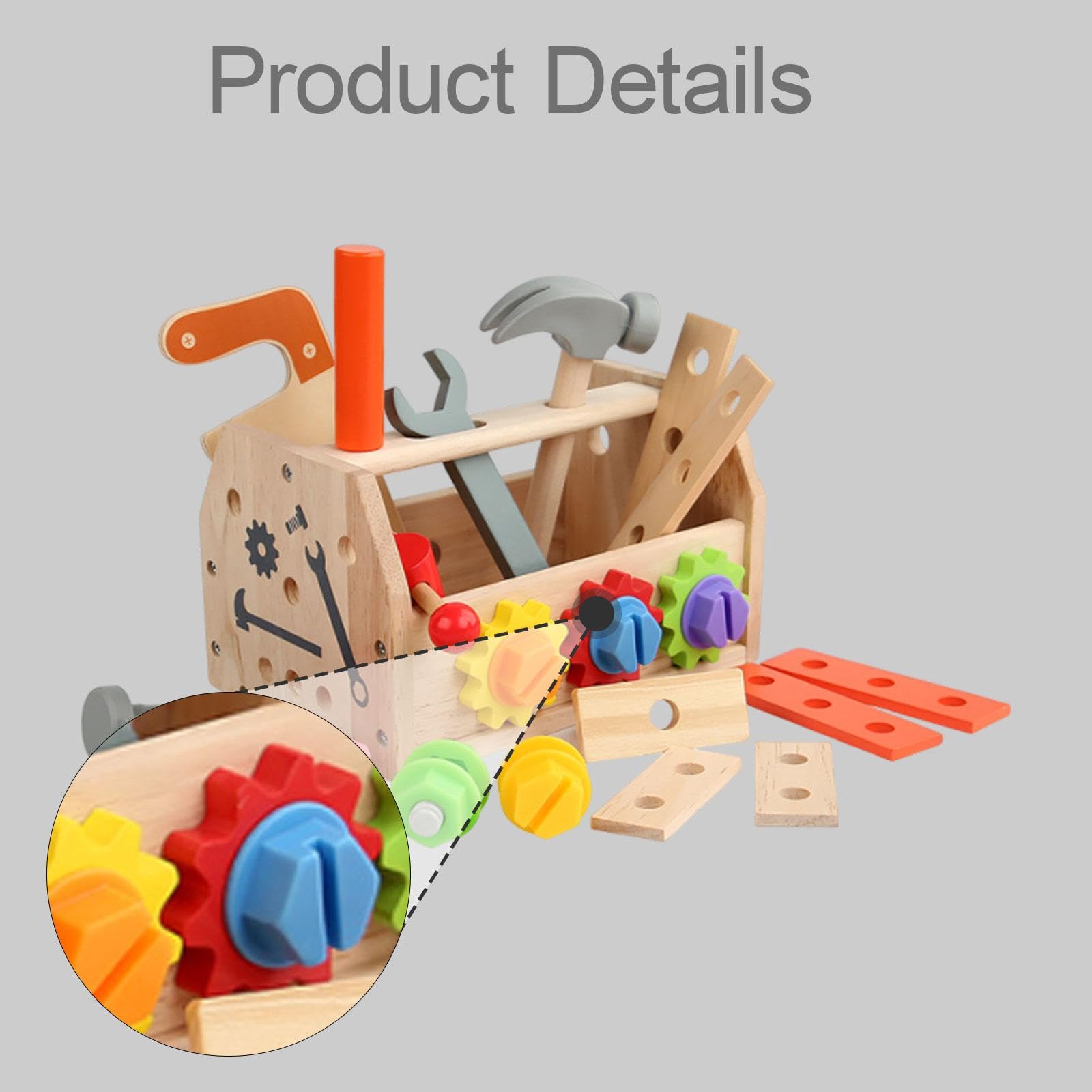 Gralara Kit di Attrezzi in Legno con Scatola, Giocattolo di Costruzione in Legno, Gioco di Ruolo educativo per la Prima Infanzia, Modello di Costruzione per