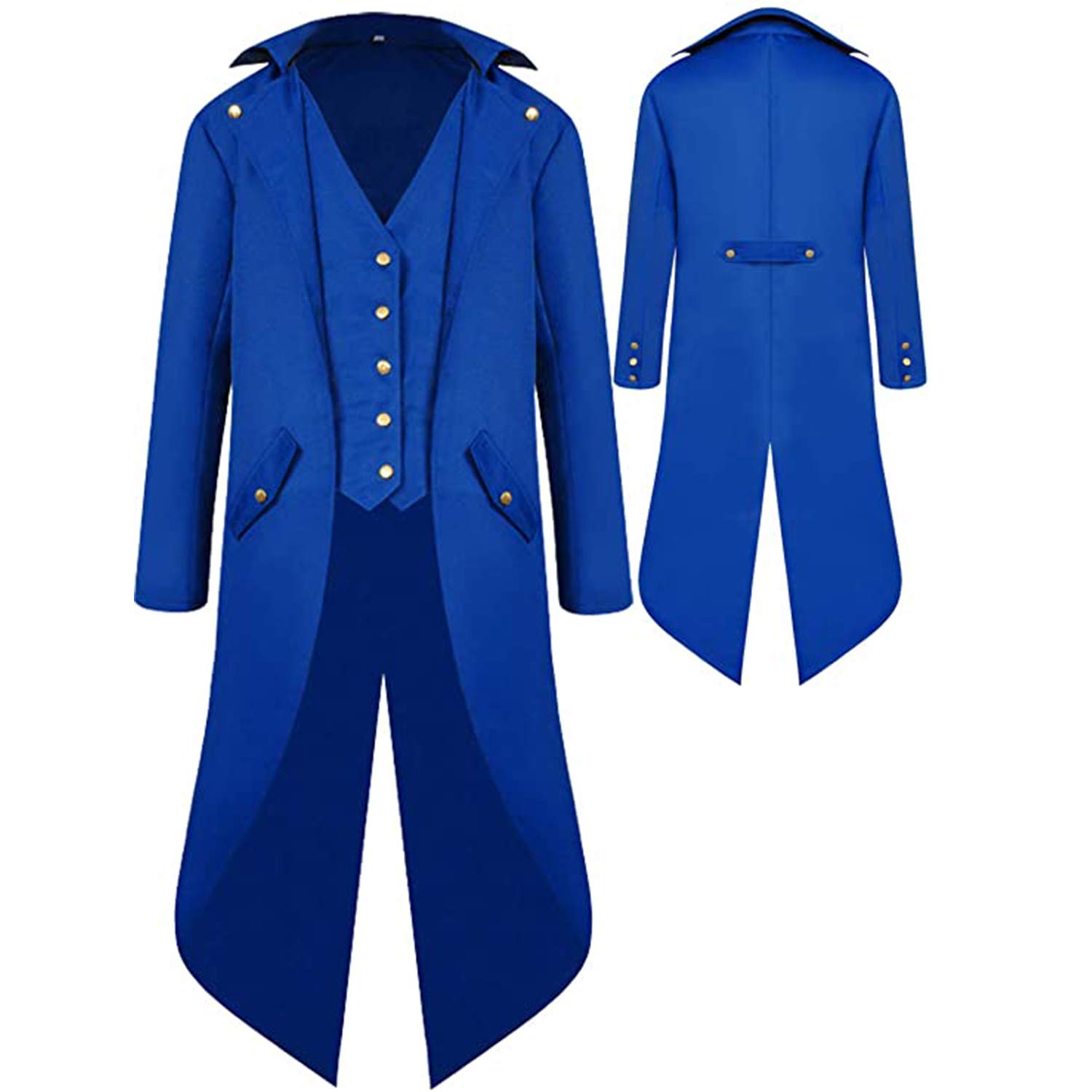BITSEACOCOMens Gothic Medieval Tailcoat Jacket, Steampunk Vintage Victorian Frock High Collar Coat Halloween Costumes (XXL, Blue)