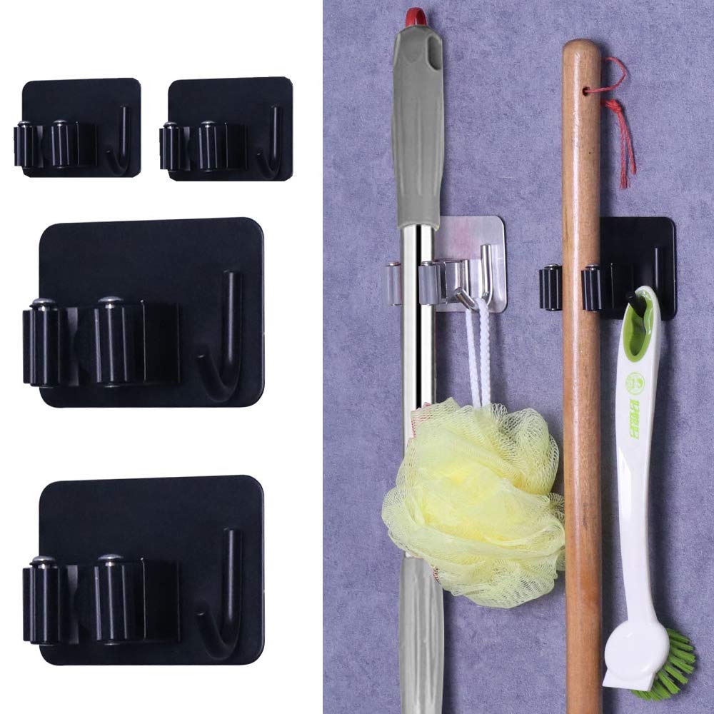 IMILLET Lot De 2 Supports Muraux Pour Balais Et Serpillères - En Acier Inoxydable - Auto-adhésif - Pour Buanderie, Garage, Jardin (5 Supports Et 4 Crochets