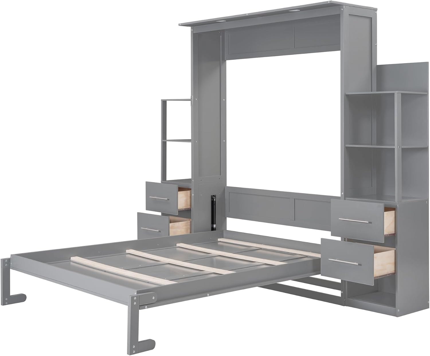 Ball & Cast Wall Bed Queen Size Murphy Beds with 2 Four-Layer Shelves and 4 Drawers,Wood Storage Hideaway Cabinet w/LED Lights,Space-Saving for Home Office,Study,Guest Room,Gray