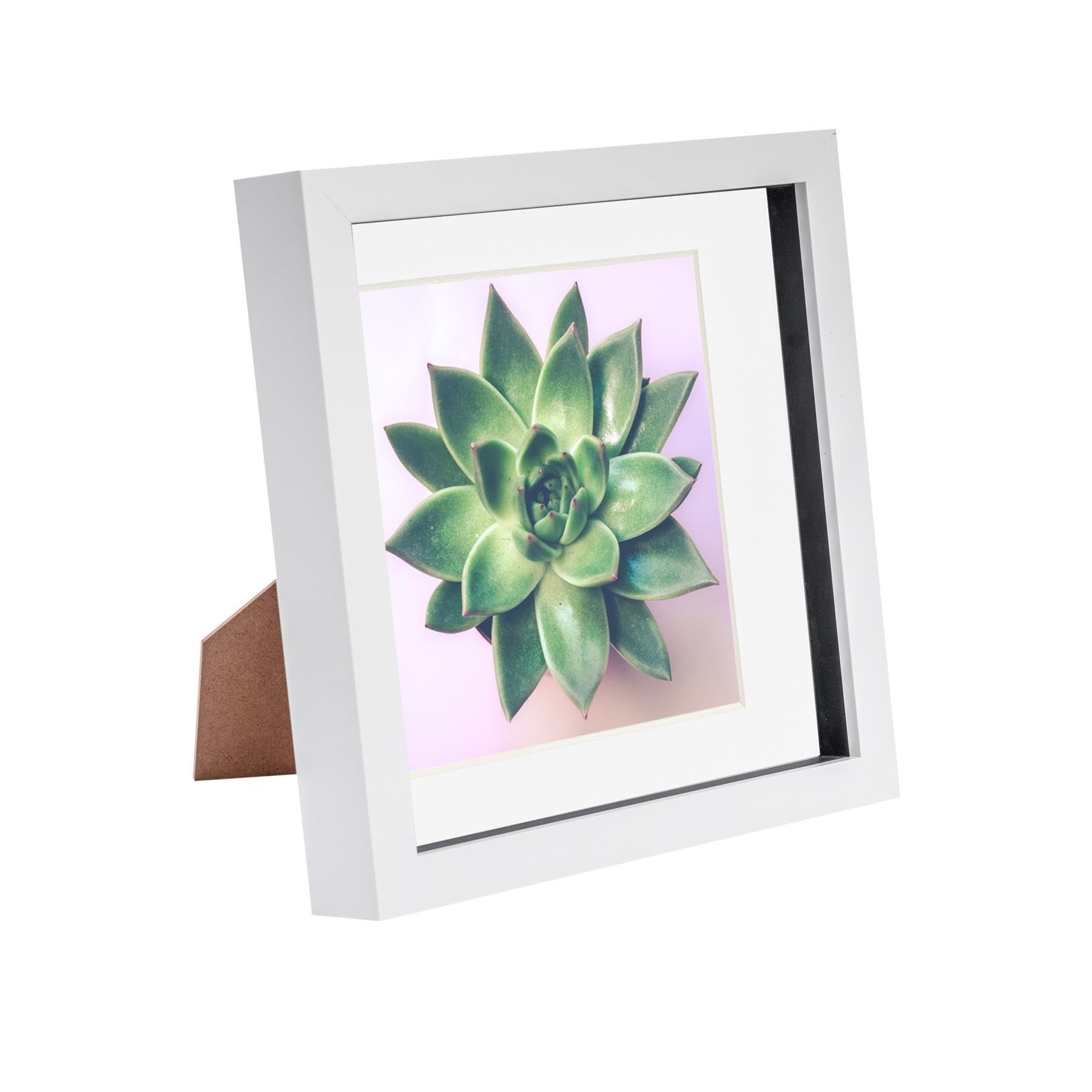 Nicola Spring 8 x 8 3D Shadow Box Photo Frame - Craft Display Picture Frame with 6 x 6 Mount - Glass Aperture - White/White