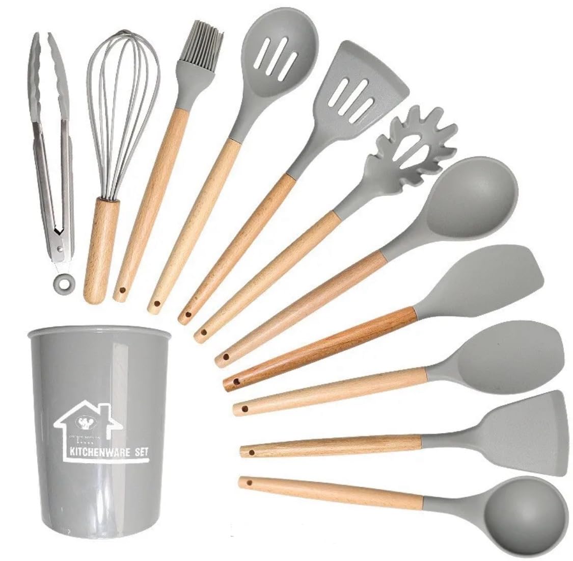 Silicone Kitchen Utensil Set, 12 Pieces, Wooden Handle, Heat Resistant, Non-Stick, Dishwasher Safe (Grey)