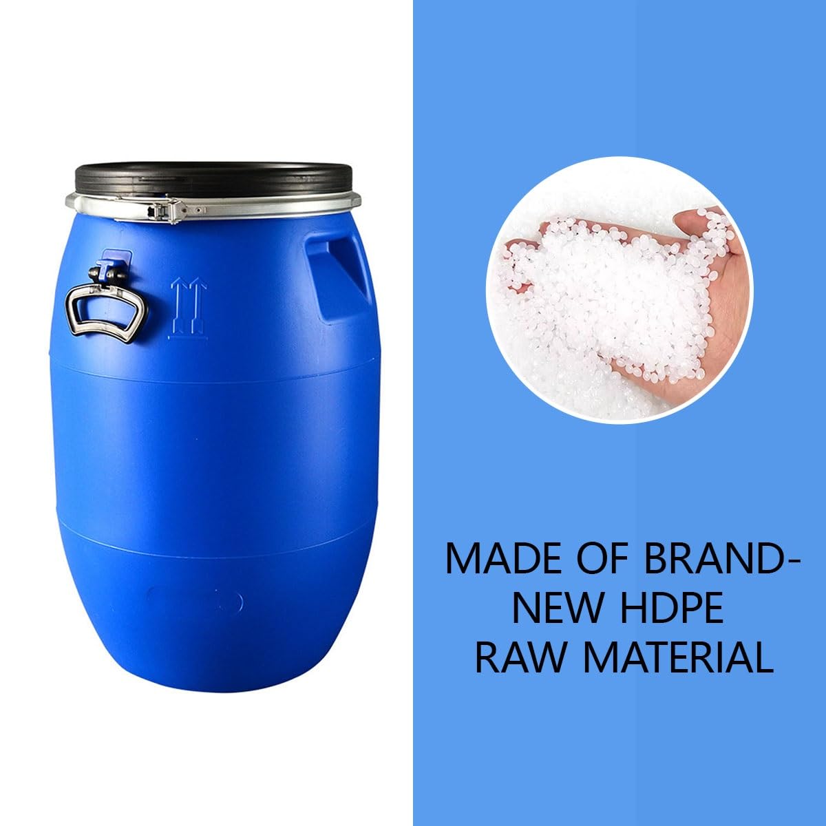 Barril de plástico para líquidos con tapa y aro metálico; contenedor industrial hermético apto para transporte y almacenamiento.(60L)