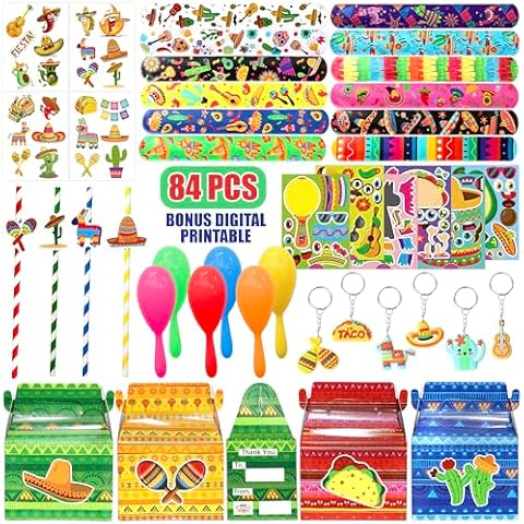 Mexican Fiesta Party Favor 84 PCS Cinco De Mayo Theme Slap Bracelets Mini Maracas Treat Box DIY Stickers Keychain Treat Box Gift Rewards for Mexican Birthday Holiday Carnival Party Cover
