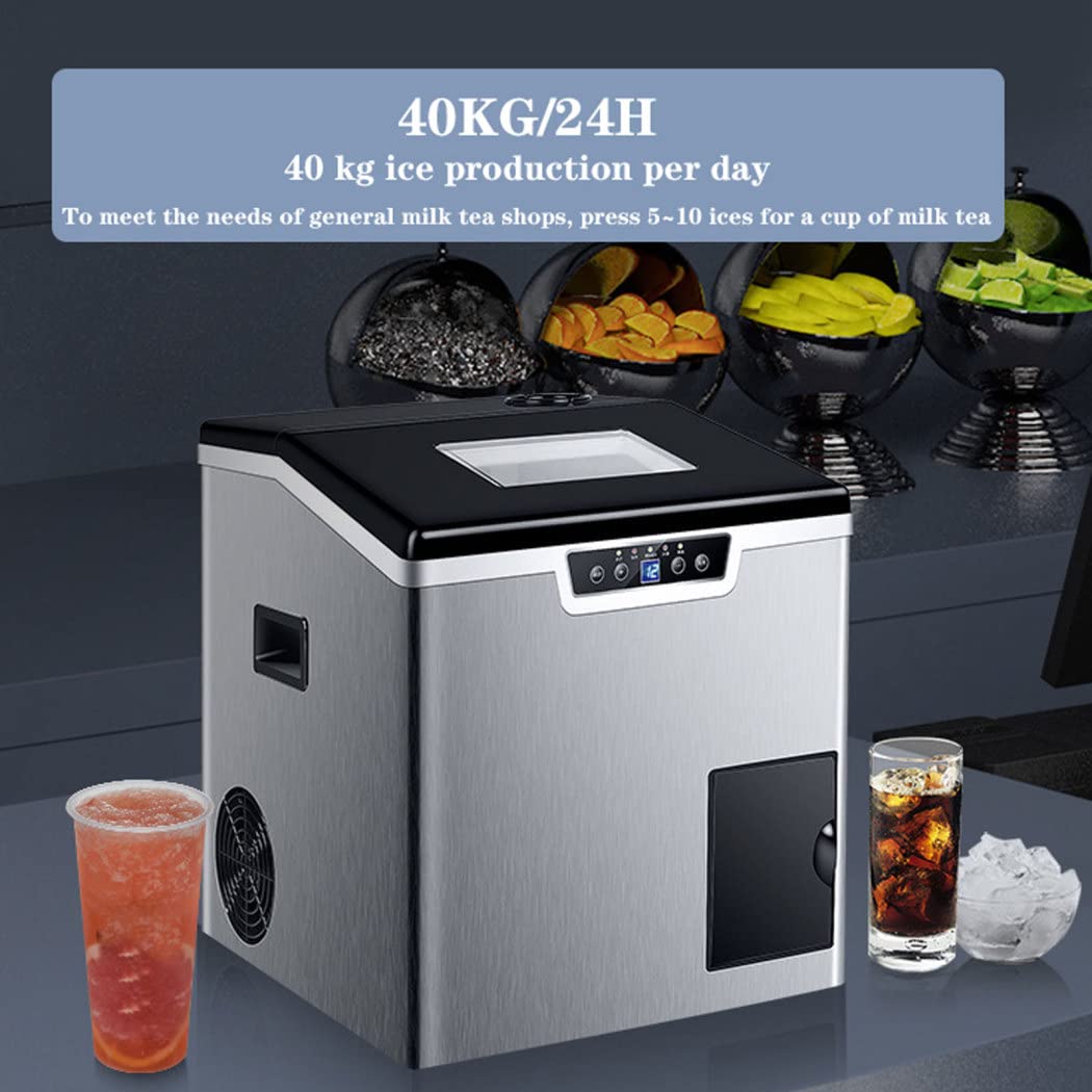 Macchina del Ghiaccio da 1,8 L + Tritaghiaccio in Acciaio Inox, 40KG in 24Ore, Autopulente Macchina Ghiaccio Piccola, Macchina del Ghiaccio da Casa per Casa, Feste, Bar, Ufficio,Square Ice