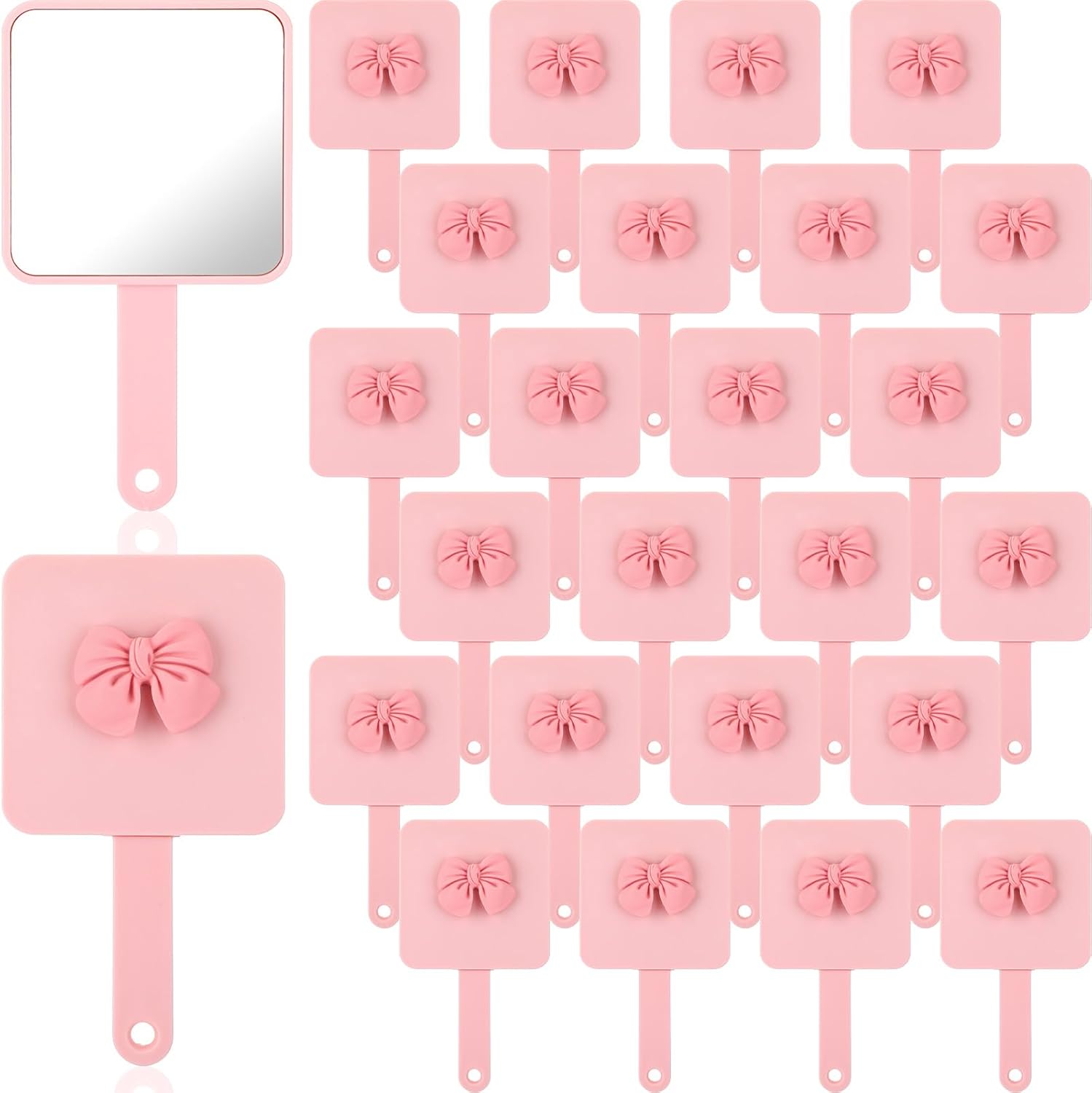 Amyhill 24pcs Coquette Pink Bow Party Favor, Handheld Mirror Bulk for Women Birthday Bridal Shower Graduation, Pocket Small Mini Hand Held Extendable Mirrors for Bag