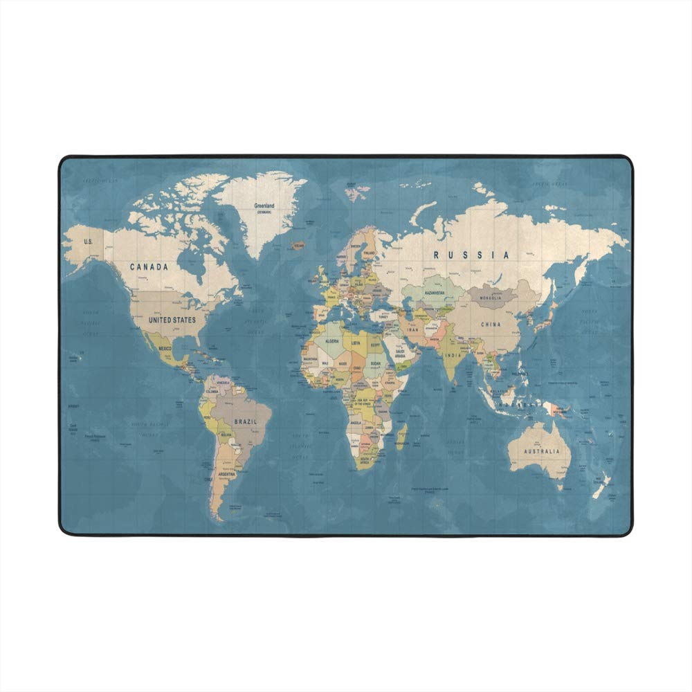 Tapis de sol velours corail bleu carte du monde antidérapant pour chambre enfant