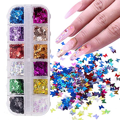 AWECOT 3D Butterfly Nail Glitter Lantejoulas de Borboleta 3D AWECOT, Adesivos de Borboleta a Laser p