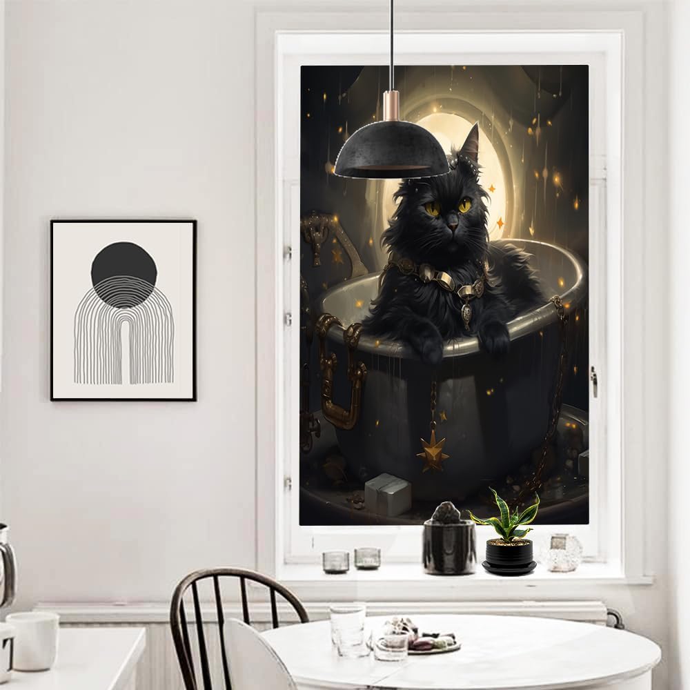 Bathing Cat Window Privacy Film Black Cute Funny Animal Glam Stained Glass Window Film Sun Blocking Heat Control Decorative Window Covering Film for Home Office 35.4Wx55.1L