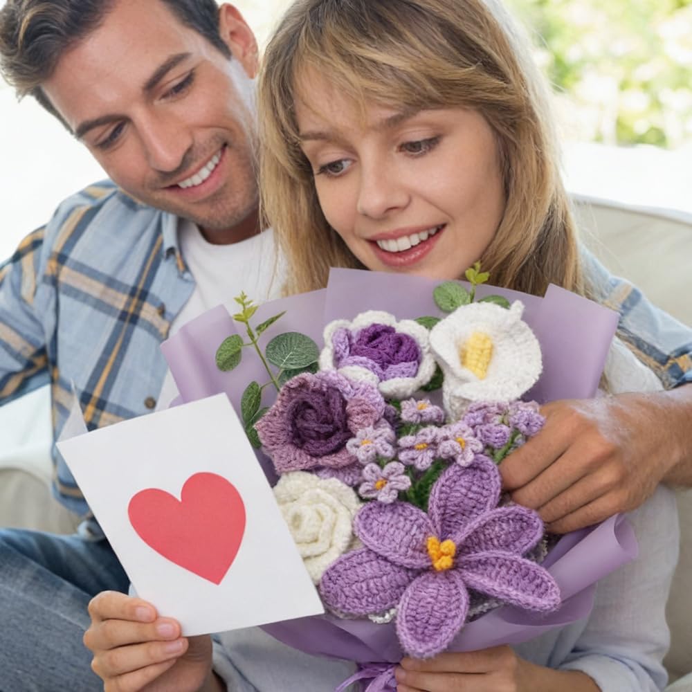 Crochet Flower Bouquet: Artificial Knitted Roses Tulips Forget Me Not Flowers for Home Office Decor (Purple)